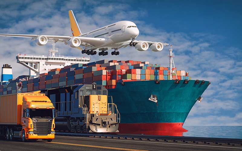 Transportasyon at logistik ng Container Cargo ship at Cargo plane.3d rendering at ilustrasyon.